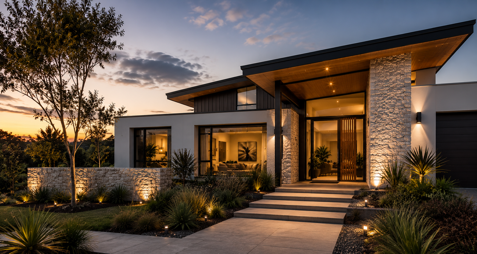 Modern home exterior at dusk