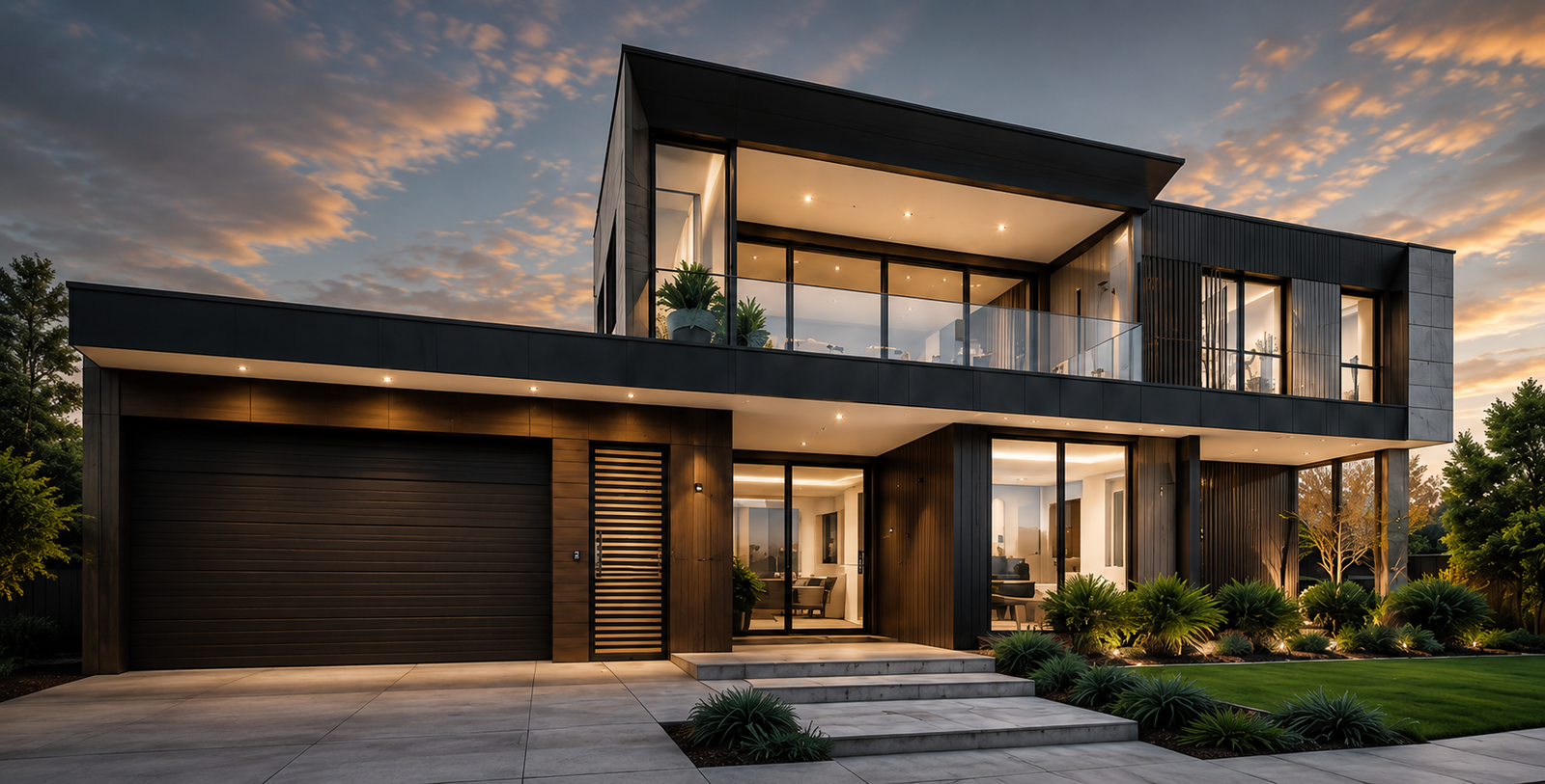 Modern home exterior at dusk